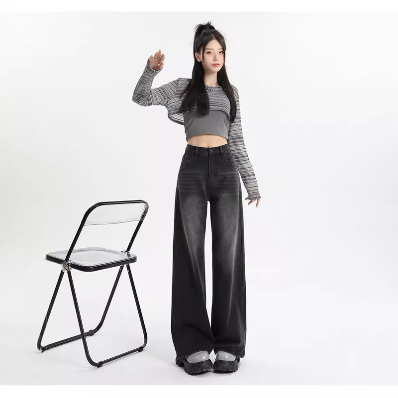 Pear-shaped body pants high-waist slim jeans for women American loose wide-leg floor-length pants plus size fat mm wide-leg pants