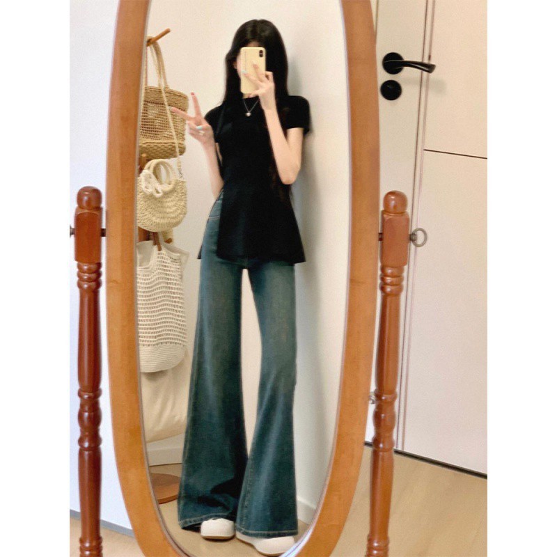 Retro blue high-waisted micro-flare jeans for women in spring and autumn American high street stretch slimming small plus size horse hoof pants