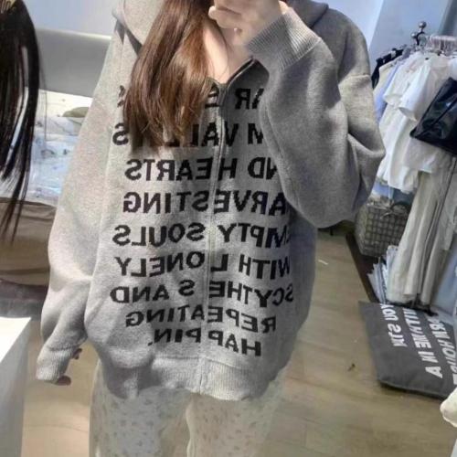 National trend American letter print knitted cardigan women's autumn and winter street oversize lazy style slogan hooded jacket