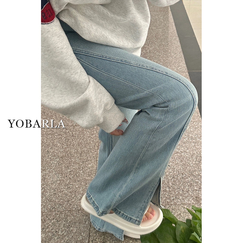 Light color slit stretchy bootcut jeans for women, high waisted, large size, slimming and fat mm, pear-shaped body flared pants
