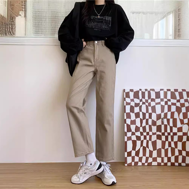 Khaki jeans women's high waist straight spring and autumn new slim large size fat mm small nine-point cigarette pipe pants
