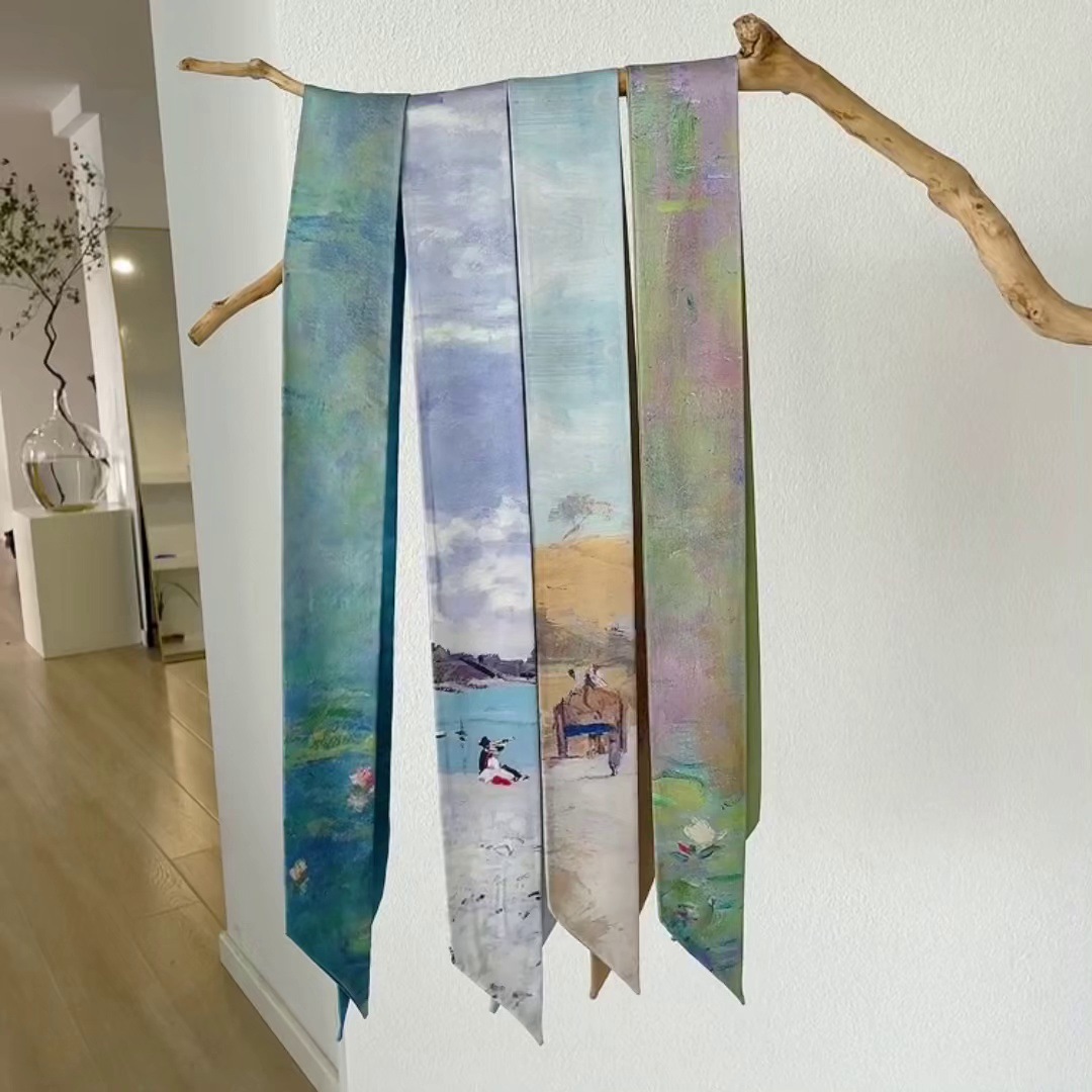 Monet Water Lily Oil Painting Long Small Silk Scarf Headband Belt Versatile Decorative Scarf Slim Long Scarf