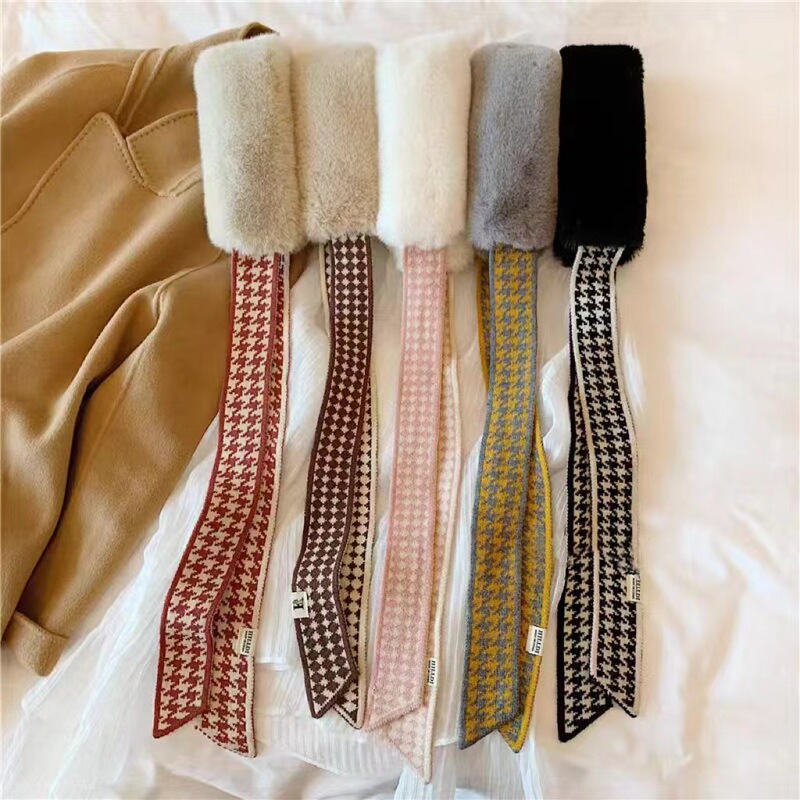 Chic cute scarf houndstooth Korean style mini knitted woolen scarf for women source factory supply