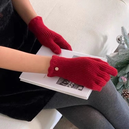 Korean version ins knitted gloves for women winter warm leaky solid color wool touch screen fingers windproof cycling