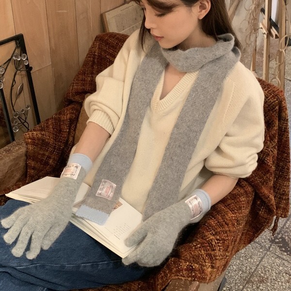 Korean style long gloves, winter knitted gloves with scarf, warm, soft and cold-proof, fingerless touch screen cycling gloves