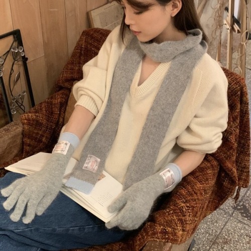 Korean style long gloves, winter knitted gloves with scarf, warm, soft and cold-proof, fingerless touch screen cycling gloves