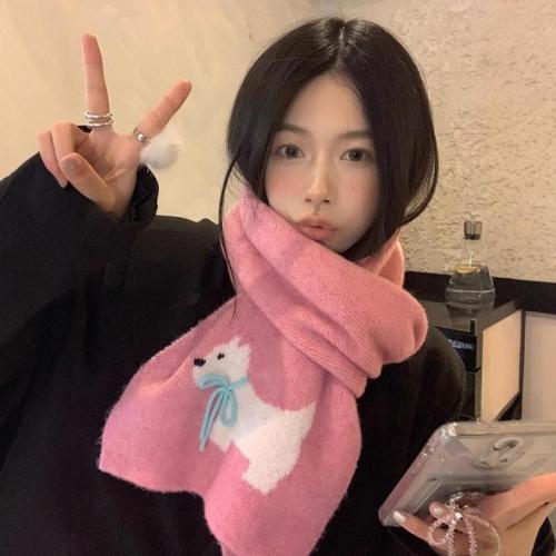 Sweet Cool Rabbit Handmade Bow Winter Warm Scarf Women's Winter Knitted Wool Imitation Cashmere Scarf Solid Color Cartoon