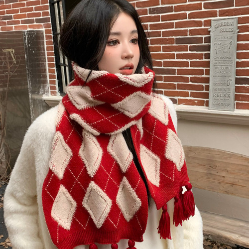 Fashionable, casual and versatile warm scarf, simple tassel diamond plaid print, comfortable, breathable and cold-proof personalized scarf