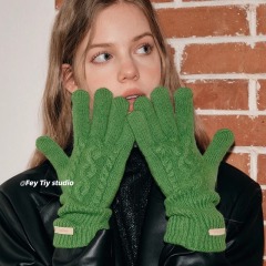 Autumn and winter warm gloves solid color gloves for men ins style high-end thickened 100 wool twist gloves for women