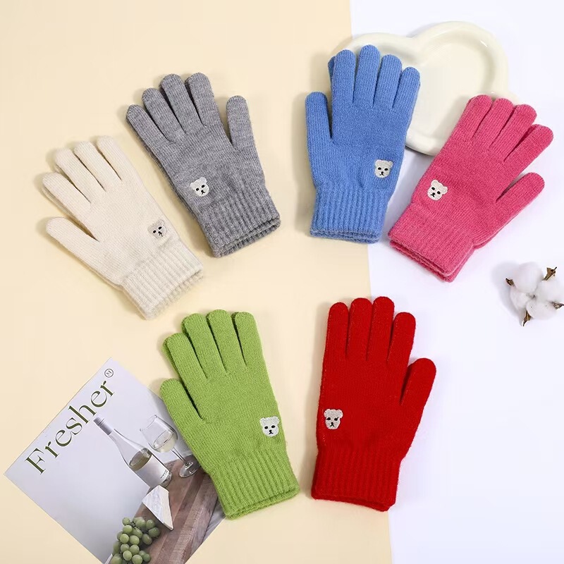 Korean style embroidery cute bear autumn and winter gloves for women new autumn and winter warm dew five-finger woolen gloves see-through