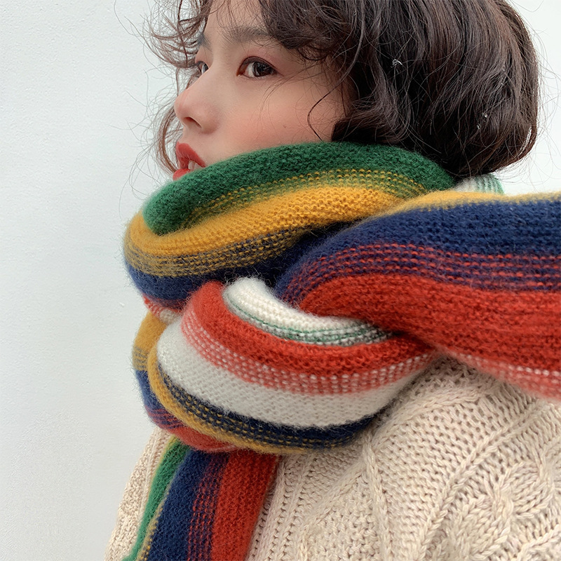 Rainbow candy color color block knitted scarf for women autumn and winter thickened warm shawl Korean style student cute girl scarf