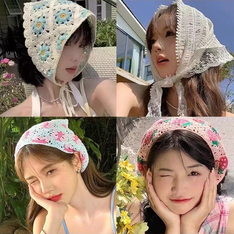 Dopamine colorful French retro fabric knitted triangle scarf sweet girl bun hair accessories 2024 hot style headscarf