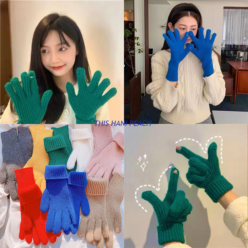 Dopamine autumn and winter basic solid color gloves touch screen fingerless wool Korean warm long knitted sleeve gloves