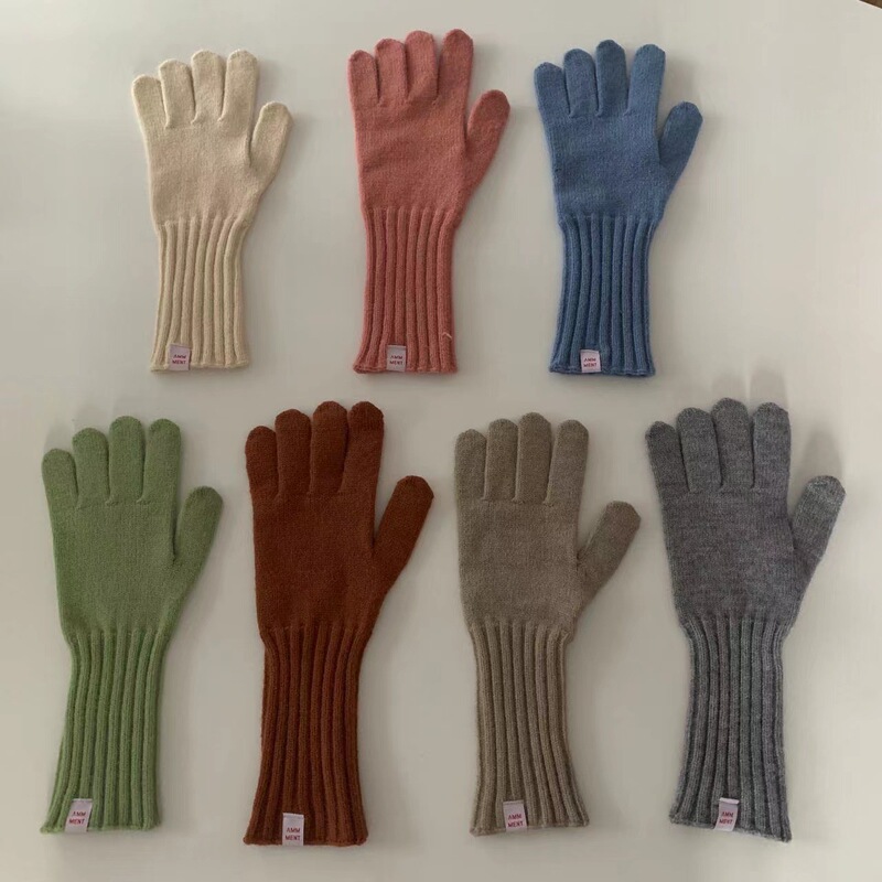 Winter long soft waxy knitted gloves for women retro versatile five-finger cycling gloves with touch screen
