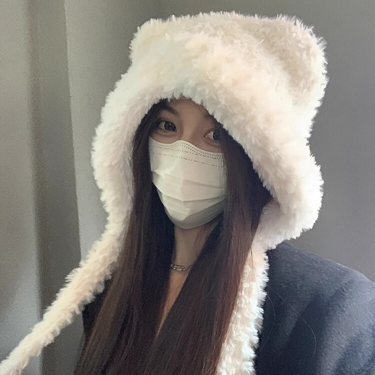 Hat Autumn and Winter Plush Knitted Warm Wool Hat Women's Outdoor Solid Color Cute Tie Lei Feng Hat Pullover Hat