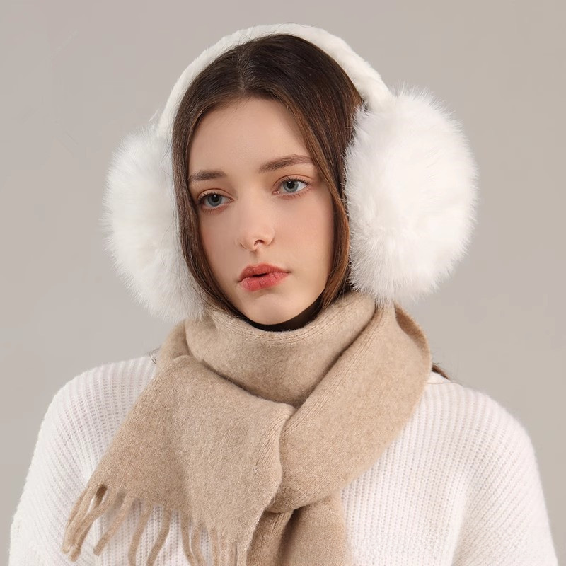 MGCM foldable white imitation fox fur cute earmuffs Korean version solid color warm earmuffs winter women's plush earmuffs