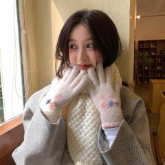 Touch screen knitted gloves for women in autumn and winter woolen warm five-finger cute student winter cycling new bow