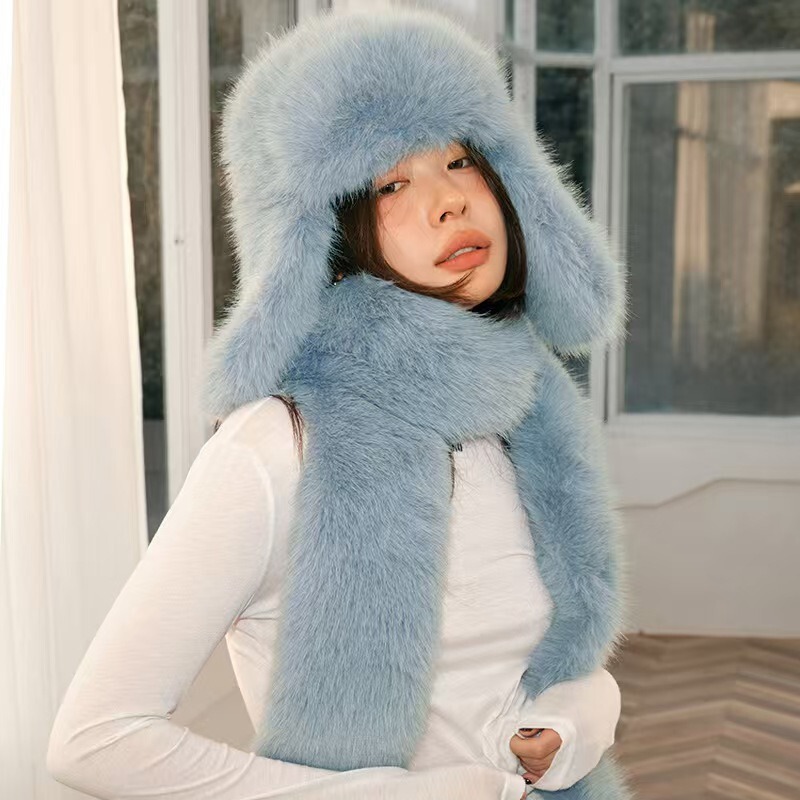 2024 New Autumn and Winter Imitation Mink Fur Lei Feng Hat Imitation Mink Fur Scarf Versatile Cute Pink Winter Warm Hat