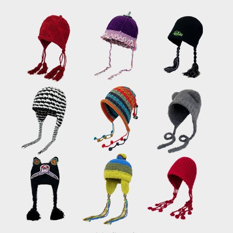 Japanese handmade crochet ear protection woolen hat for women to keep warm in autumn and winter niche street fashion brand lace-up colorful knitted hat