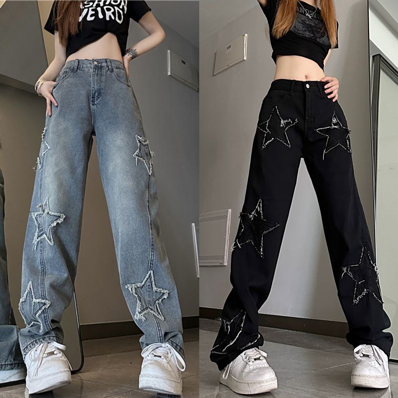 New star jeans for women, ins trend, versatile, high-waisted, slim, loose, straight, wide-legged, casual trousers for women