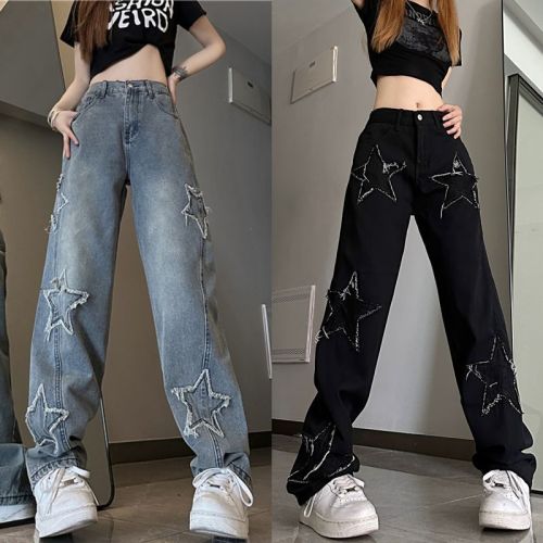 New star jeans for women, ins trend, versatile, high-waisted, slim, loose, straight, wide-legged, casual trousers for women