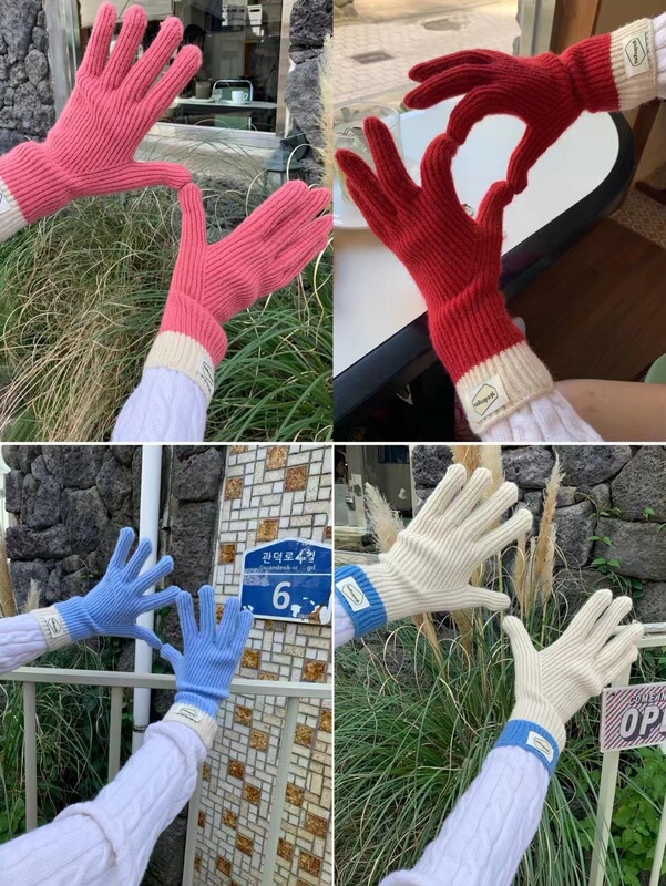 Korean ins blogger's same color matching warm wool gloves for women, outdoor sports cycling warm five-finger gloves