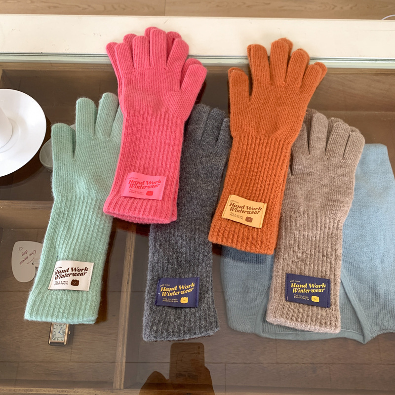 Korean solid color knitted woolen gloves, cute winter women's warm, touch screen, split-finger cycling students, cold protection new style