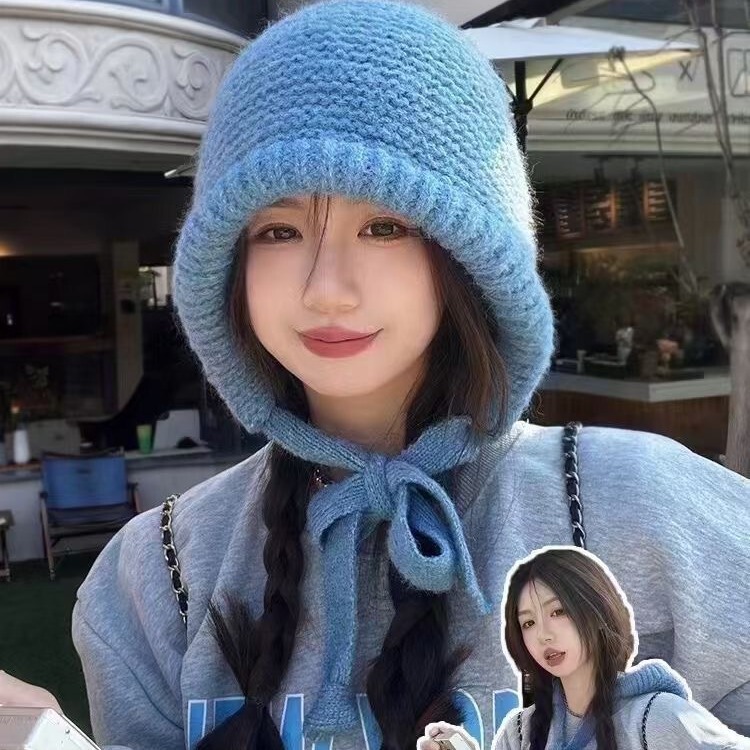 Bag hat including wool balaclava plush thunder hat winter warm ear protection knitted pullover hat for women