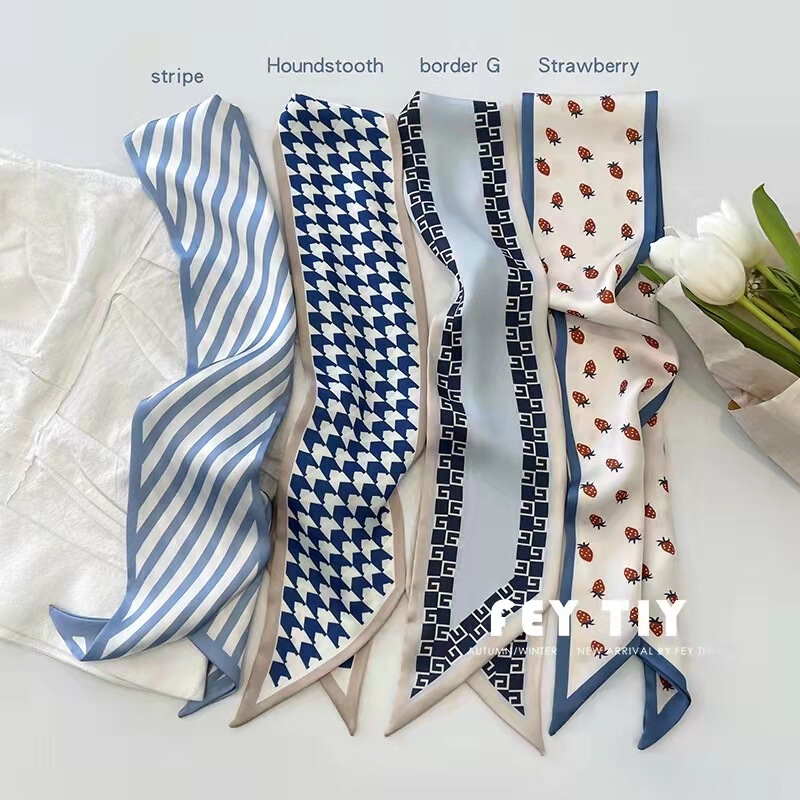 Little Korean girl's daily misty blue small silk scarf women's ins style long streamer tie bag headband simulated silk scarf spring and summer