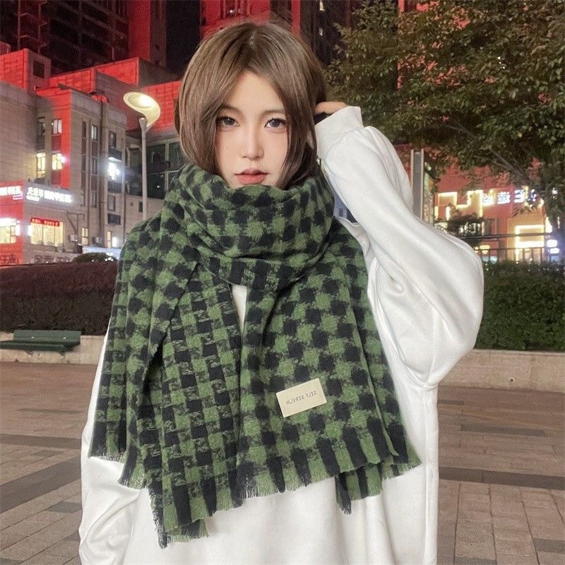 ins new thickened scarf warm plaid cashmere with trendy version of red grid autumn and winter scarf for men and women