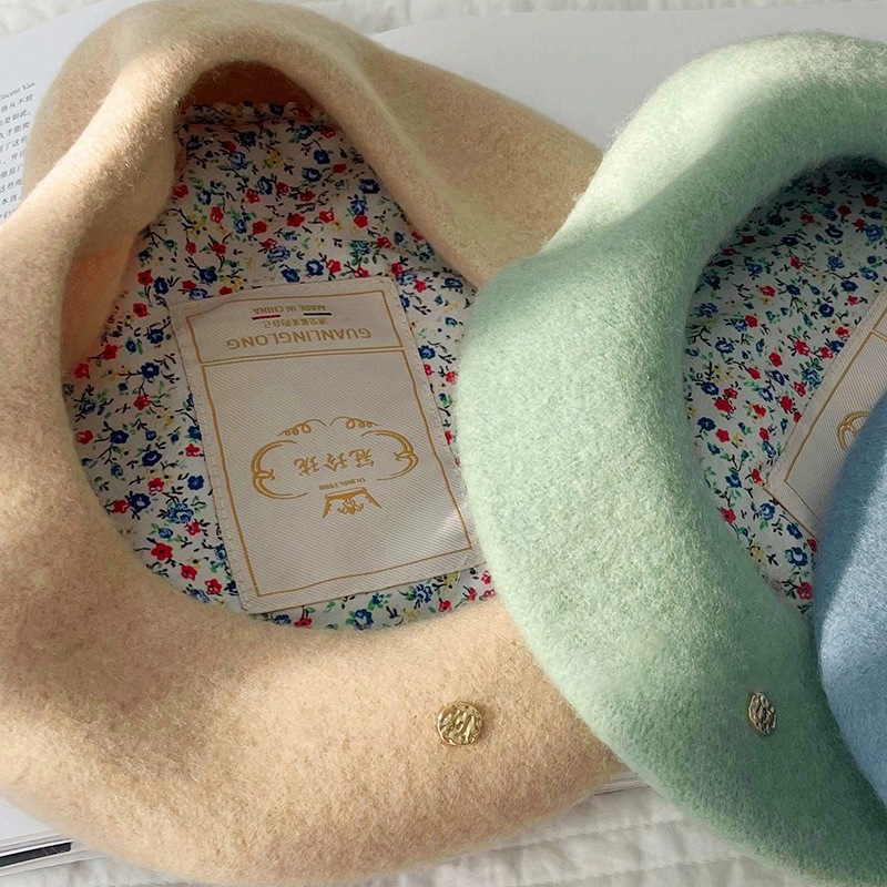 High-end pine frost green 100% Australian wool beret female Korean blogger fever's same style warm beret hat