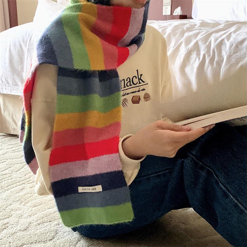 Rainbow striped mohair scarf for women winter Korean style color-blocked striped wool short scarf student warm scarf