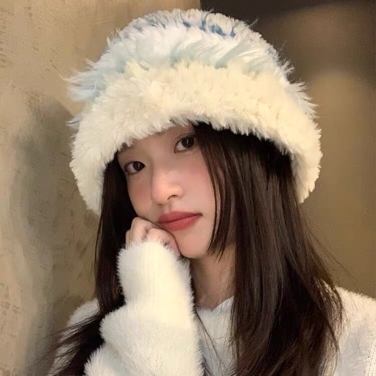 Plush striped knitted hat for women in autumn and winter new face-showing small woolen hat Korean style versatile thickened warm toe cap