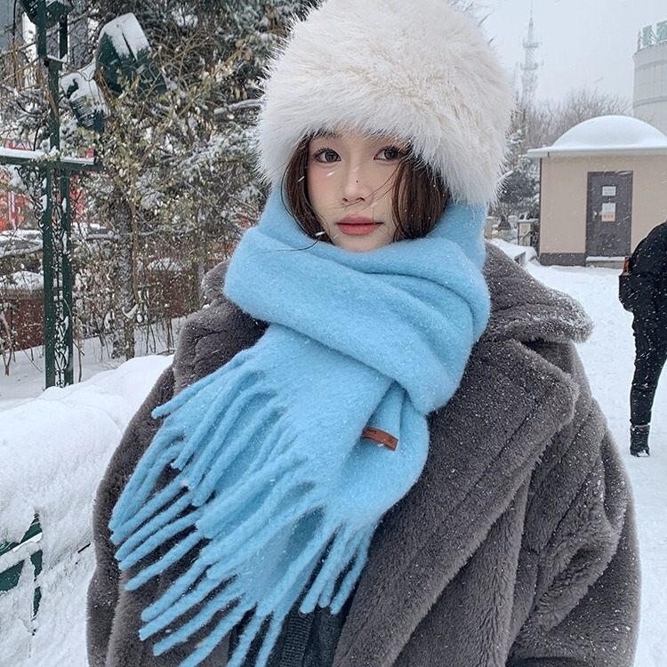 Iceland sea salt blue scarf for women winter high-end solid color versatile wool scarf for men warm imitation cashmere shawl
