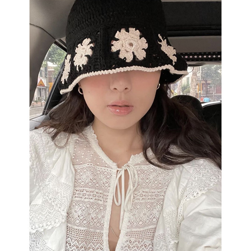 Korean niche designer linen cotton thread small fresh hand-knitted fisherman hat hollow braided basin hat for women