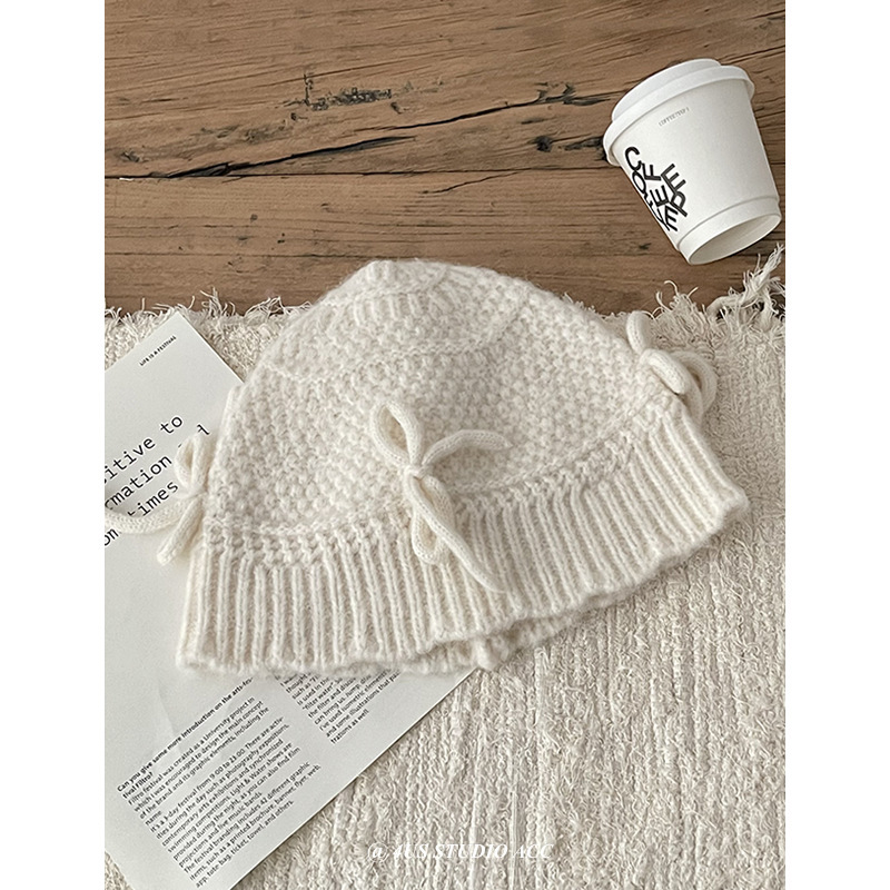 Sweet and cute three-dimensional bow knitted woolen hat for women Korean ins autumn and winter warm ear protection fisherman hat