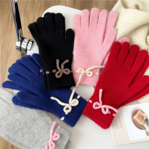 Bow autumn and winter solid color cute women's winter knitted gloves Korean style warm woolen gloves with holes for students