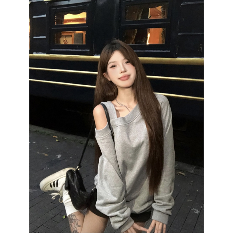 Jin Liang Official Photo [Hua Mian Shi Mao + CVC Rib] Lazy style gray slope collar off-shoulder long-sleeved casual sweatshirt