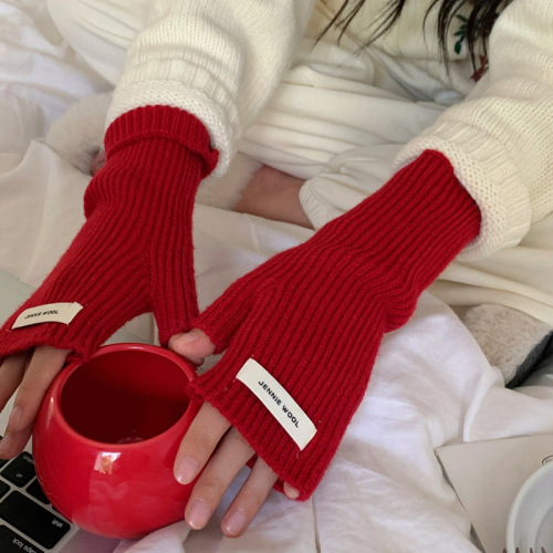 Autumn and winter new solid color half-finger wool gloves for women warm fingerless student gloves for women autumn and winter