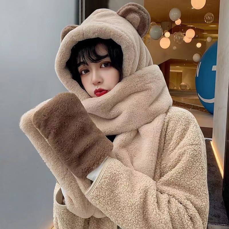 Hat and gloves all in one scarf Korean style student cute three-in-one ear warmer Thickened all-match hooded suit