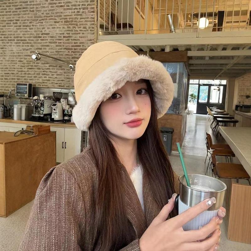 Plush fisherman hat women's winter style simple retro face-showing small bucket basin hat outdoor cycling cold protection ear protection Mongolian hat