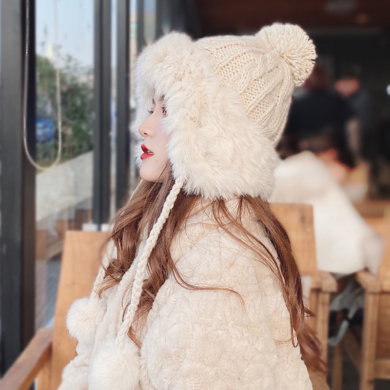Autumn and winter woolen hat for women, Korean style cute furball ear protection Lei Feng hat, winter warm rabbit fur knitted hat trendy