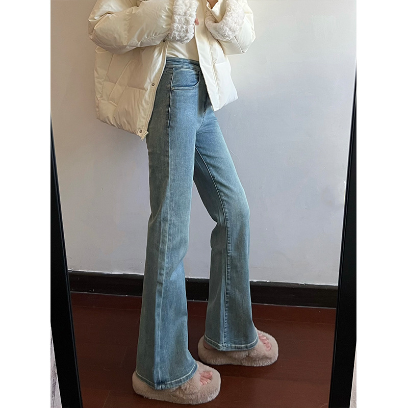 Light-colored bootcut jeans for women in spring plus size fat mm high-waisted slim elastic pear-shaped body flared horseshoe pants
