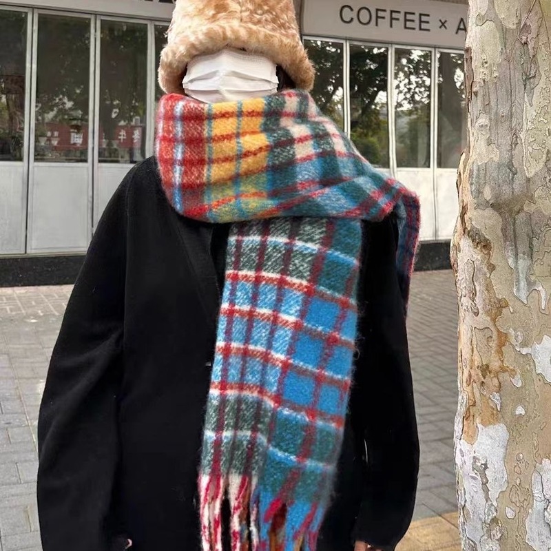 Retro rainbow plaid scarf for women winter 2024 new Korean style mohair scarf thickened warm student shawl