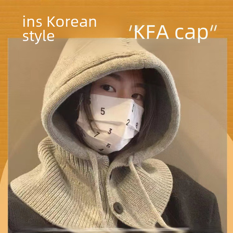 Korean balaclava hat for women winter warm hat and scarf integrated couple style ear protection woolen knitted hat