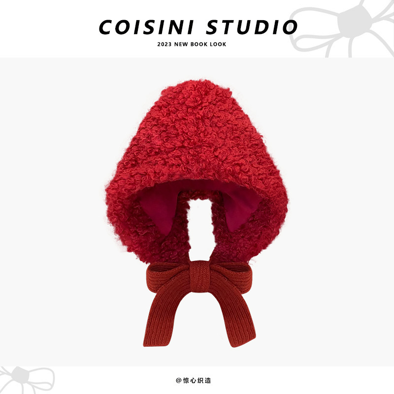 2024 New Cute Lamb Velvet Strap Red Baotou Hat Women's Autumn and Winter Warm and Versatile Ear Protective Hat