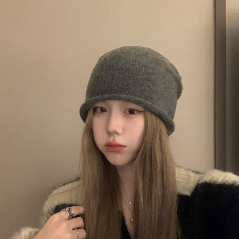 Autumn and winter knitted pile hat wool cold-proof and warm Baotou hat women's solid color cold hat casual rolled edge pile hat