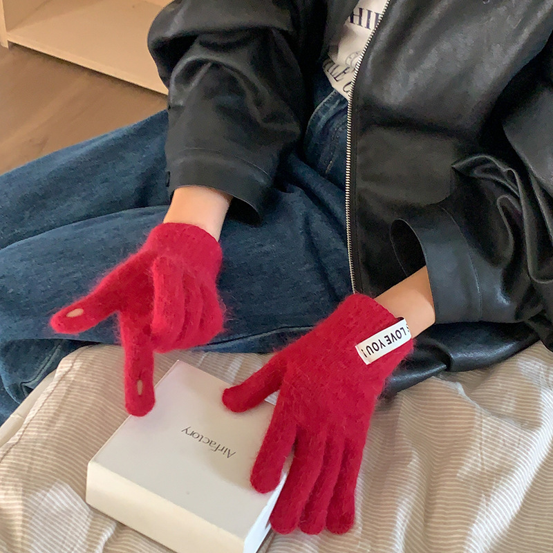 Japanese and Korean sweet letter logo gloves for women, candy-colored rabbit fur knitted wool fingerless touch screen warm gloves