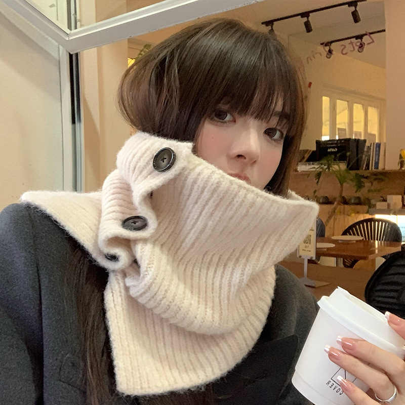 Woolen neck scarf, button neck cover, women's autumn and winter scarf, Korean version, solid color, cold protection, warm neck protection, foreign trade knitted shawl