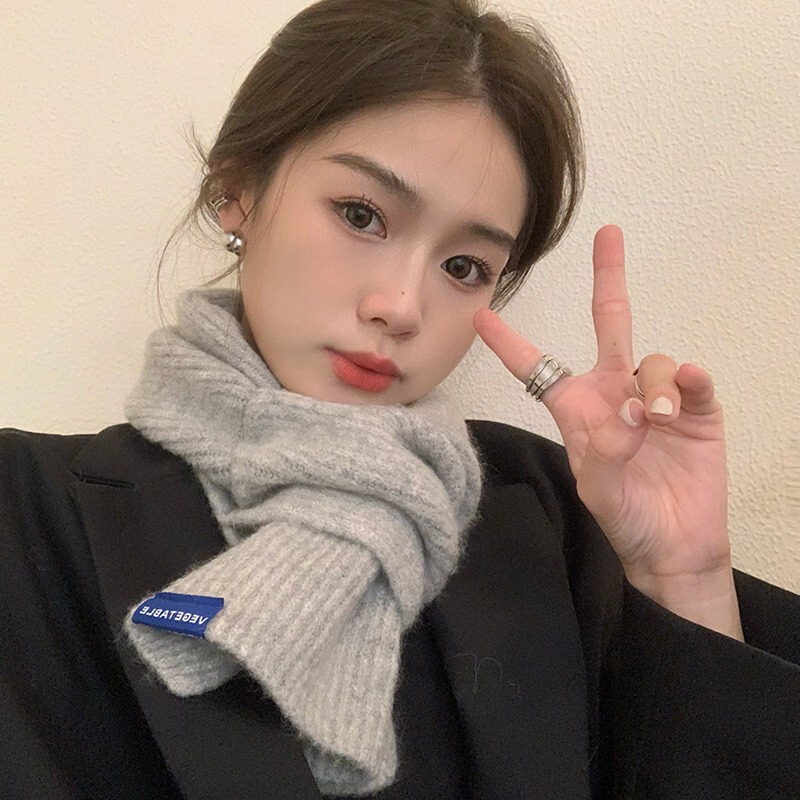 Winter thickened warm scarf for women Korean all-match solid color short knitted student windproof Korean style literary style soft and waxy